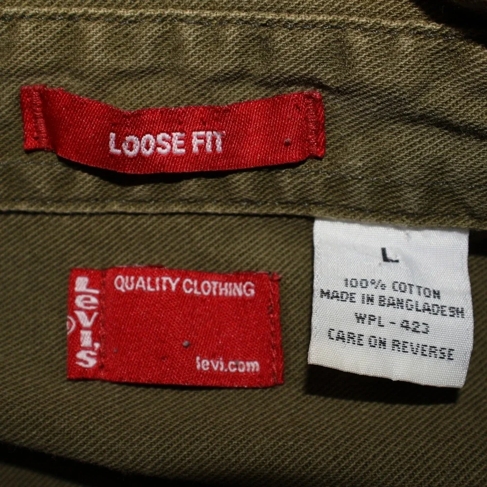 Vintage Levi's Shirt Mens L Red Tab Loose Fit Metal Button Army Green Denim‎ Y2K